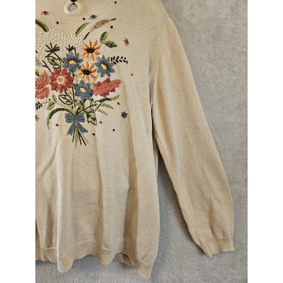 Alfred Dunner Sweater Womens 2X Ecru Embroidered Floral Granny Chic Cottagecore - Picture 4 of 12